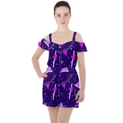 Purple Blue Geometric Pattern Ruffle Cut Out Chiffon Playsuit by danenraven