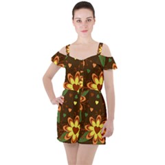 Floral Hearts Brown Green Retro Ruffle Cut Out Chiffon Playsuit by danenraven