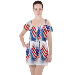 Statue Of Liberty And Usa Flag Art Ruffle Cut Out Chiffon Playsuit by danenraven