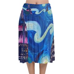 Starry Night In New York Van Gogh Manhattan Chrysler Building And Empire State Building Velvet Flared Midi Skirt by Mog4mog4