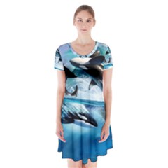 Orca Wave Water Underwater Short Sleeve V-neck Flare Dress by Mog4mog4