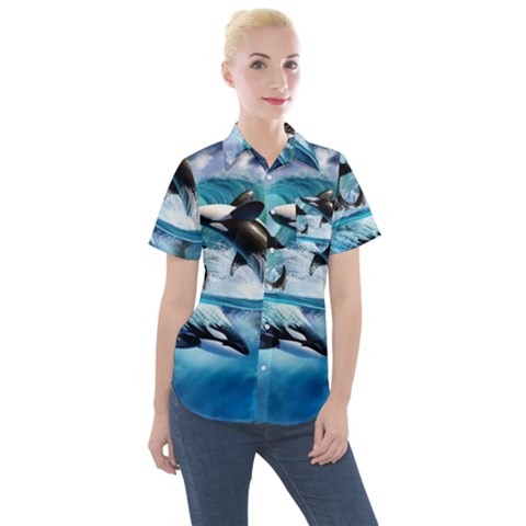 Orca Wave Water Underwater Women s Short Sleeve Pocket Shirt by Mog4mog4