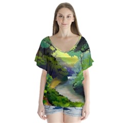 Landscape Illustration Nature Forest River Water V-neck Flutter Sleeve Top by Mog4mog4