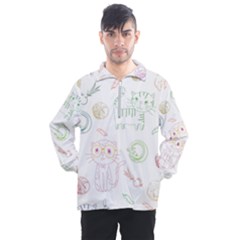 Cats And Food Doodle Seamless Pattern Men s Half Zip Pullover by Bakwanart