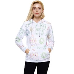 Cats And Food Doodle Seamless Pattern Women s Lightweight Drawstring Hoodie by Bakwanart