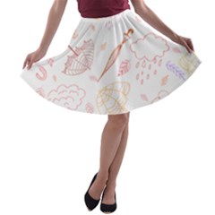 Weather Umbrella Rain Cloud Seamless Doodle Pattern A-line Skater Skirt by Bakwanart