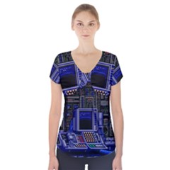 Blue Computer Monitor With Chair Game Digital Wallpaper, Digital Art Short Sleeve Front Detail Top by Bakwanart