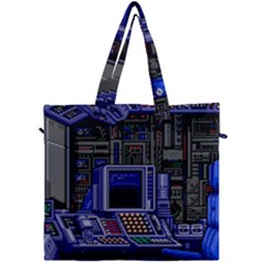 Blue Computer Monitor With Chair Game Digital Wallpaper, Digital Art Canvas Travel Bag by Bakwanart