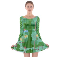 Green Retro Games Pattern Long Sleeve Skater Dress by Bakwanart