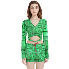 Green Circuit Board Computer Velvet Wrap Crop Top And Shorts Set by Bakwanart