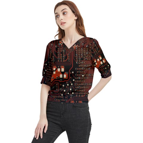 Red Computer Circuit Board Quarter Sleeve Blouse by Bakwanart