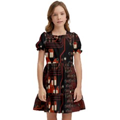 Red Computer Circuit Board Kids  Puff Sleeved Dress by Bakwanart