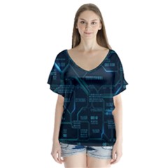 Technology Computer Circuit Boards Electricity Cpu Binary V-neck Flutter Sleeve Top by Bakwanart