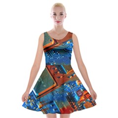 Gray Circuit Board Electronics Electronic Components Microprocessor Velvet Skater Dress by Bakwanart