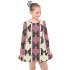 Butterflies Pink Old Ancient Texture Decorative Kids  Long Sleeve Dress by 99art