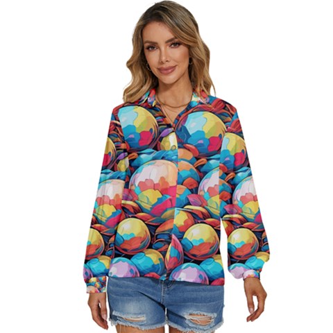 Pattern Seamless Balls Colorful Rainbow Colors Women s Long Sleeve Button Up Shirt by 99art