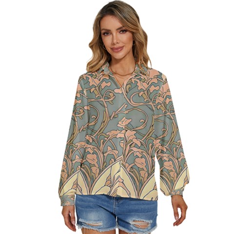 Art Nouveau Vintage Retro Pattern Floral Women s Long Sleeve Button Up Shirt by 99art