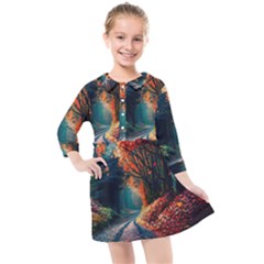 Forest Autumn Fall Painting Kids  Quarter Sleeve Shirt Dress by 99art