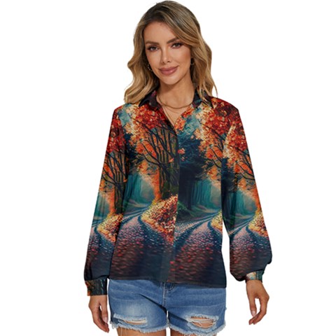 Forest Autumn Fall Painting Women s Long Sleeve Button Up Shirt by 99art