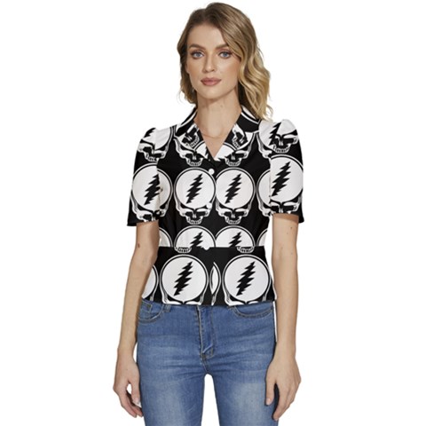 Black And White Deadhead Grateful Dead Steal Your Face Pattern Puffed Short Sleeve Button Up Jacket by 99art