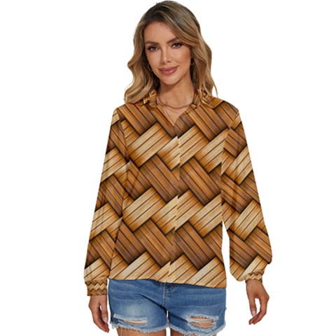 Wooden Weaving Texture Women s Long Sleeve Button Up Shirt by 99art