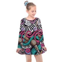 Doodle Colorful Music Doodles Kids  Long Sleeve Dress by 99art