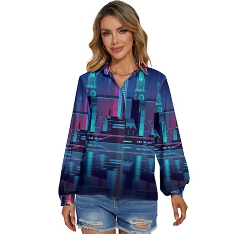 Digital Art Artwork Illustration Vector Buiding City Women s Long Sleeve Button Up Shirt by 99art