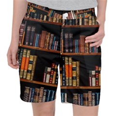 Assorted Title Of Books Piled In The Shelves Assorted Book Lot Inside The Wooden Shelf Women s Pocket Shorts by 99art