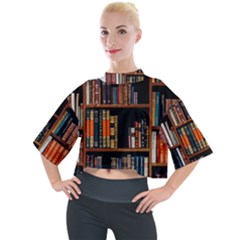 Assorted Title Of Books Piled In The Shelves Assorted Book Lot Inside The Wooden Shelf Mock Neck Tee by 99art