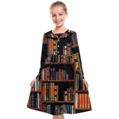 Assorted Title Of Books Piled In The Shelves Assorted Book Lot Inside The Wooden Shelf Kids  Midi Sailor Dress by 99art