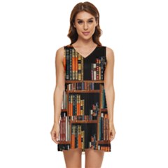 Assorted Title Of Books Piled In The Shelves Assorted Book Lot Inside The Wooden Shelf Tiered Sleeveless Mini Dress by 99art