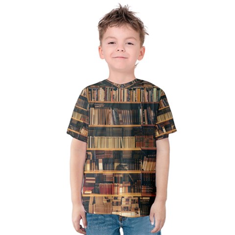 Books On Bookshelf Assorted Color Book Lot In Bookcase Library Kids  Cotton Tee by 99art