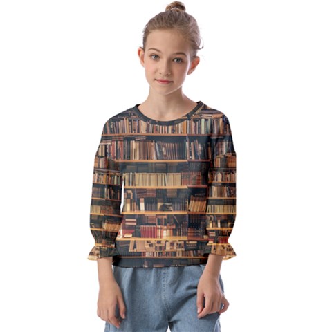 Books On Bookshelf Assorted Color Book Lot In Bookcase Library Kids  Cuff Sleeve Top by 99art