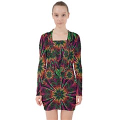 Multicolored Flower Mandala Wallpaper Kaleidoscope Pattern V-neck Bodycon Long Sleeve Dress by 99art