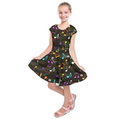 Assorted Color Musical Notes Wallpaper Fabric Kids  Short Sleeve Dress by 99art