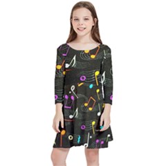 Assorted Color Musical Notes Wallpaper Fabric Kids  Quarter Sleeve Skater Dress by 99art