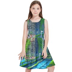 Anime Landscape Apocalyptic Ruins Water City Cityscape Kids  Skater Dress by 99art