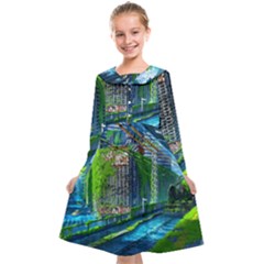 Anime Landscape Apocalyptic Ruins Water City Cityscape Kids  Midi Sailor Dress by 99art