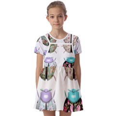 Ladybug-flower-pattern-shabby-chic Kids  Short Sleeve Pinafore Style Dress by 99art