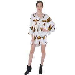 Butterfly Butterflies Insect Swarm V-neck Flare Sleeve Mini Dress by 99art