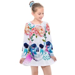 Day Of The Dead Skull Art Kids  Long Sleeve Dress by 99art