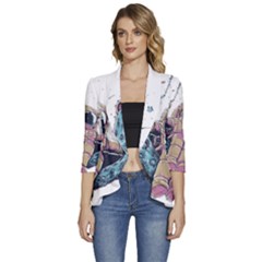 Drawing-astronaut Women s 3/4 Sleeve Ruffle Edge Open Front Jacket by 99art