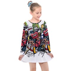 Mural Graffiti Paint Kids  Long Sleeve Dress by 99art