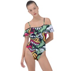 Scooter-motorcycle-graffiti Frill Detail One Piece Swimsuit by 99art