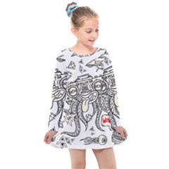 Drawing Clip Art Hand Painted Abstract Creative Space Squid Radio Kids  Long Sleeve Dress by 99art