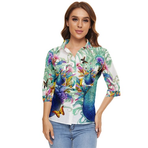 Bird-peafowl-painting-drawing-feather-birds Women s Quarter Sleeve Pocket Shirt by 99art