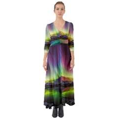 Aurora Borealis Polar Northern Lights Natural Phenomenon North Night Mountains Button Up Boho Maxi Dress by B30l