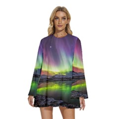 Aurora Borealis Polar Northern Lights Natural Phenomenon North Night Mountains Round Neck Long Sleeve Bohemian Style Chiffon Mini Dress by B30l