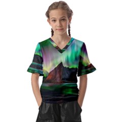 Aurora Borealis Nature Sky Light Kids  V-neck Horn Sleeve Blouse by B30l