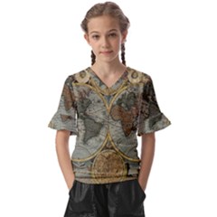 Vintage World Map Travel Geography Kids  V-neck Horn Sleeve Blouse by B30l